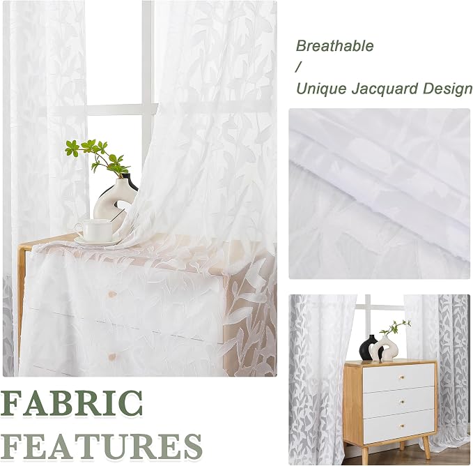 Lecloud Leia White Sheer Curtains 90 Inches Long 2 Panels, Airy Voile Jacquard - Image 7