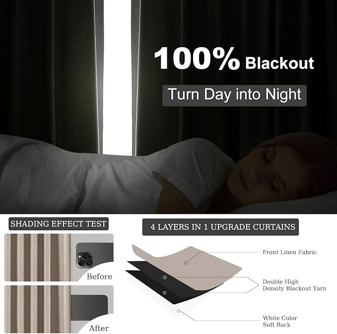 Topfinel Light Blocking Rustic 96 Inch Long Linen Curtains 2 Panel Set - Image 6