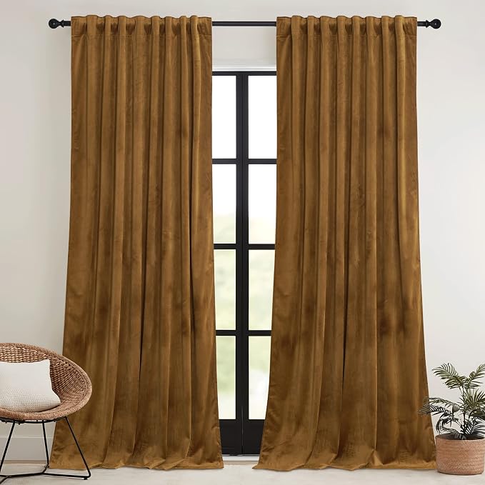 RYB HOME Gold Brown Velvet Curtains, Light Blocking, Energy Saving, Vintage - Image 2