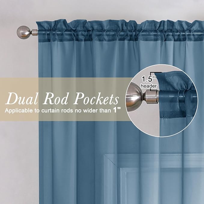Lecloud Dusty Blue Sheer Curtains 54 Inch Length 2 Panels, Light Filtering - Image 2