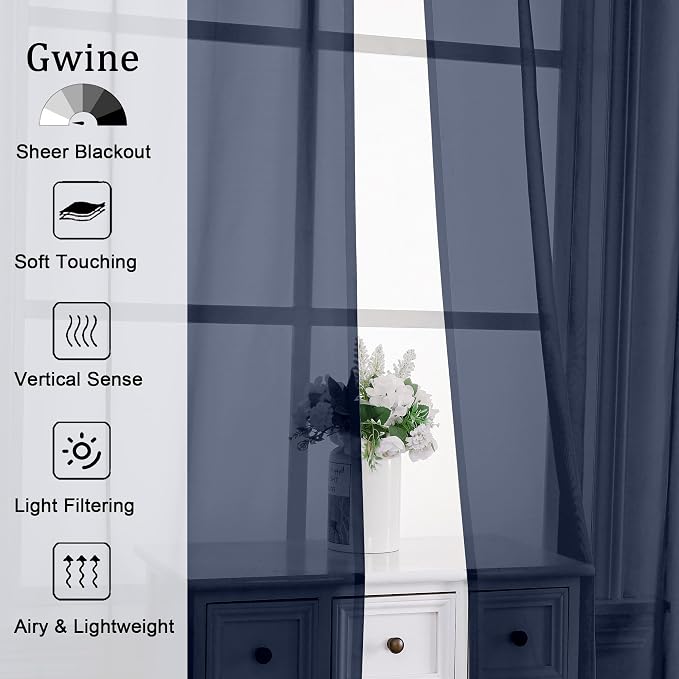 Gwine Navy Blue Sheer Curtains 84 Inches Long 2 Panels Set - Image 2