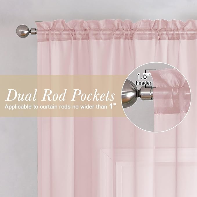Lecloud Blush Pink Sheer Curtains 63 Inch Length 2 Panels, Light Filtering - Image 2