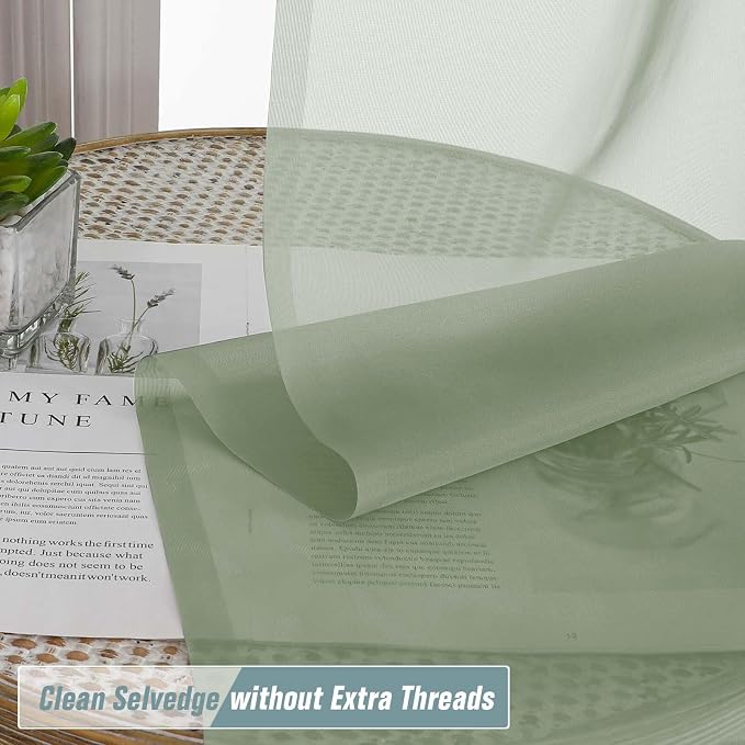 Sage Green Window Sheer Curtains 45 Inches Length, Voile Short Curtains - Image 2