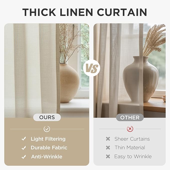 Joydeco Linen Curtains 96 inch Length 2 Panel Set, Light Filtering Curtain - Image 4