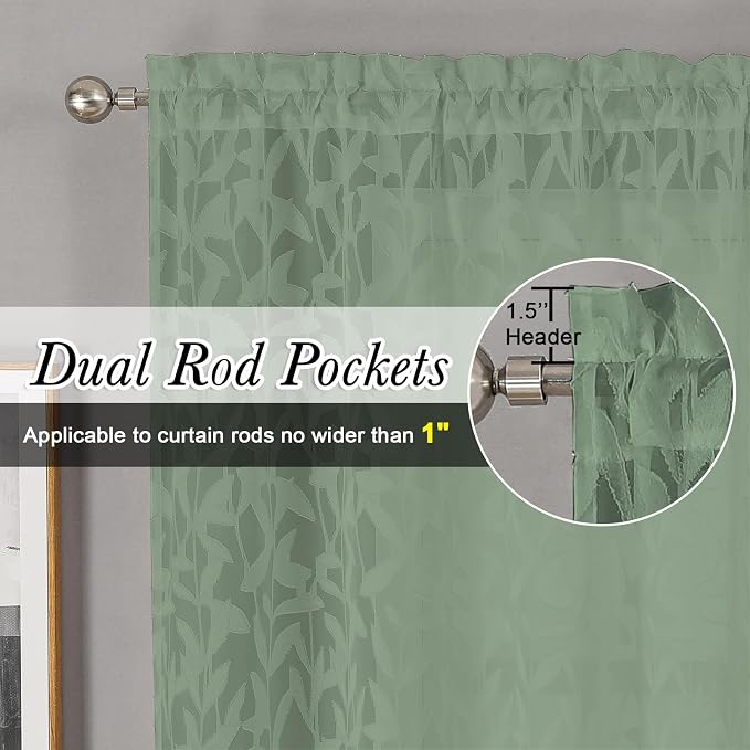 Lecloud Leia Sage Green Sheer Curtains 90 Inches Long 2 Panels, Airy Voile - Image 4