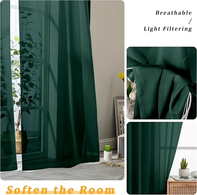 Gwine Hunter Green Sheer Curtain Tiers 24 Inch Length, Light Filtering Voile - Image 4