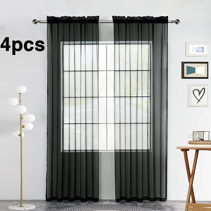 SpaceDresser Black Sheer Curtains 4 Panels Rod Pocket Semi-Sheer Curtain 45 - Image 2