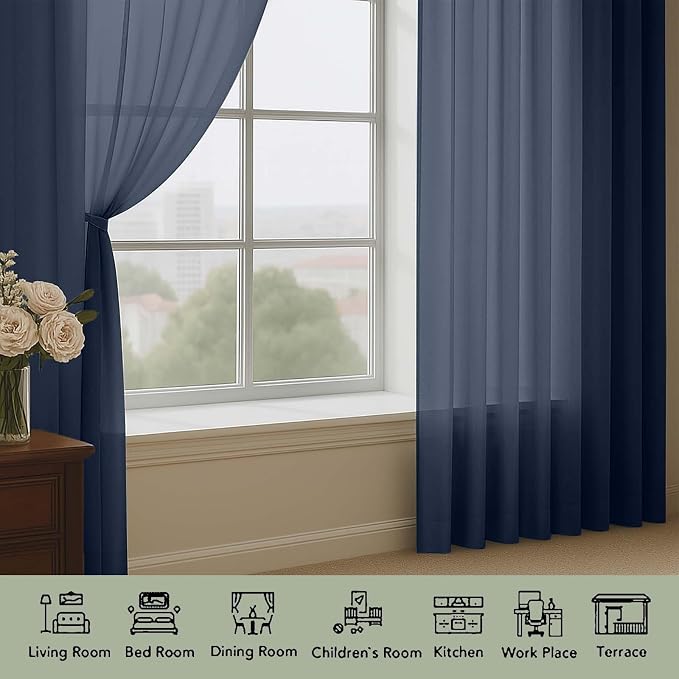 OWENIE Sheer Curtains 84 Inches Long 2 Panels Set, Sheer Navy Blue Curtains - Image 3