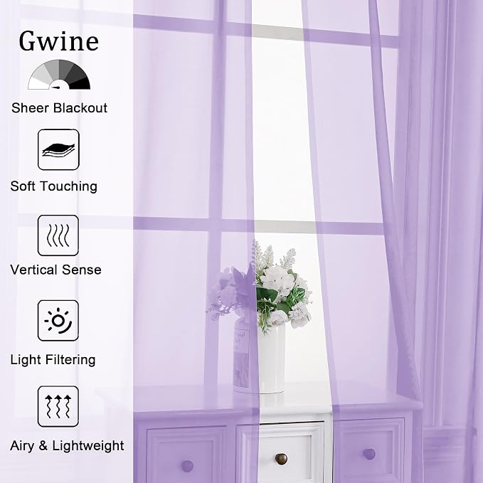 Gwine Lilac Sheer Curtains 84 Inches Long 2 Panels Set - Image 2