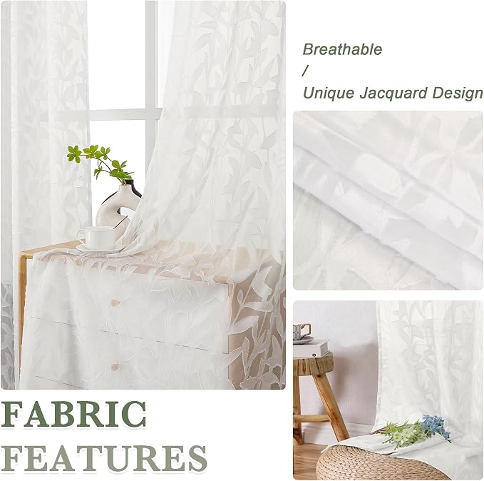 Lecloud Leia Ivory Sheer Curtains 72 Inches Long 2 Panels, Jacquard Texture - Image 8