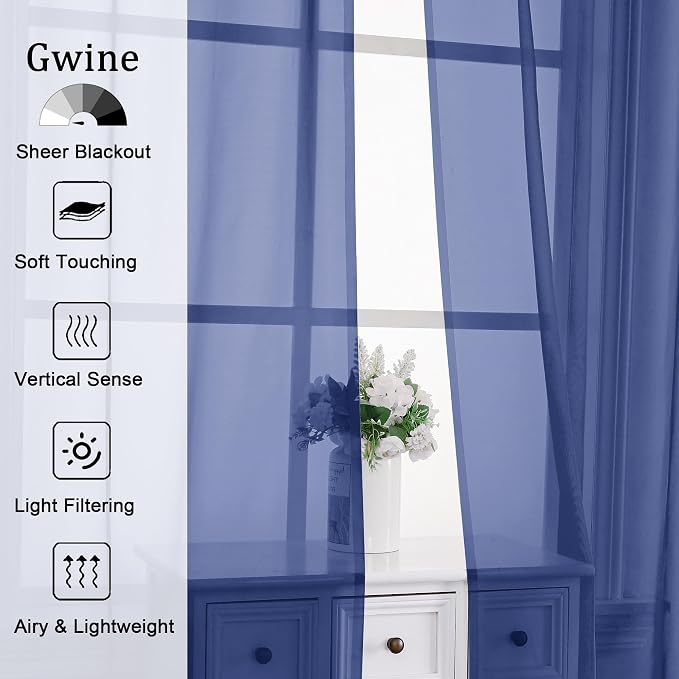 Gwine Royal Blue Sheer Curtains 84 Inches Long 2 Panels Set - Image 2