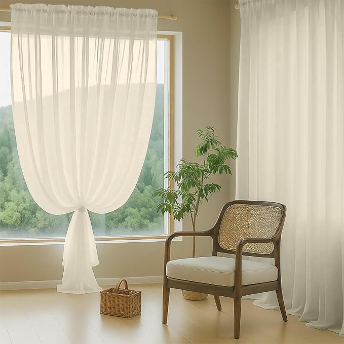 Cream Sheer Curtains for Windows 108 inches Long 2 Panels Set, Soft Lightweight - Image 8