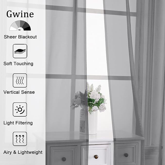 Gwine Charcoal Grey Sheer Curtain Tiers 24 Inch Length, Light Filtering Voile - Image 3