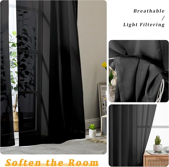 Gwine Black Sheer Curtains 63 Inch Length - Image 3