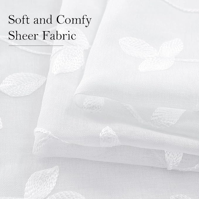 HOMEIDEAS White Sheer Curtains 52 X 84 Inches Length 2 Panels Embroidered Vine - Image 4