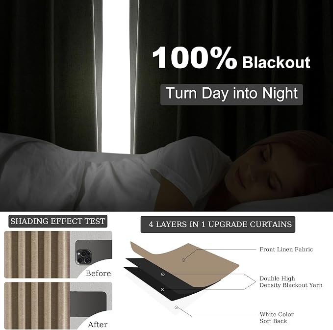 Topfinel 95 Inches Long Custom Linen Blackout Curtains Taupe Pinch Pleated - Image 6