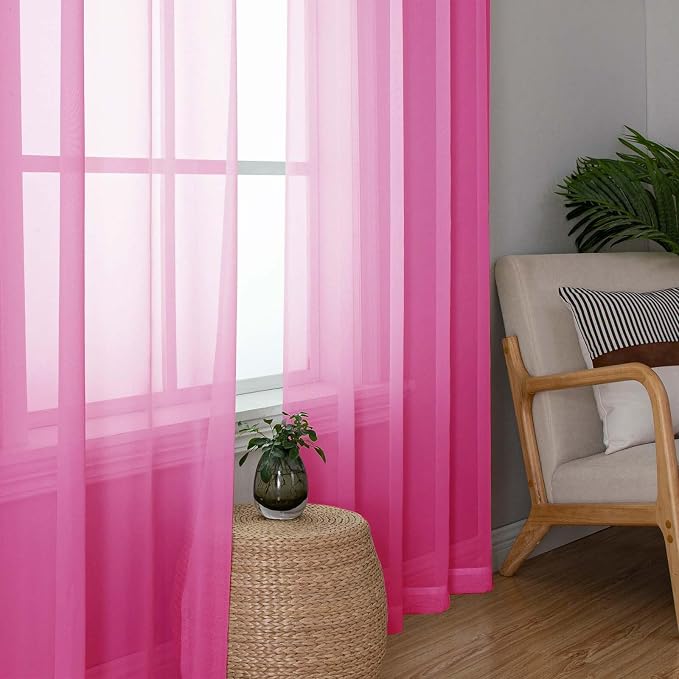 Lecloud Hot Pink Sheer Curtains 54 Inch Length 2 Pcs, Solid Color Voile Modern - Image 2