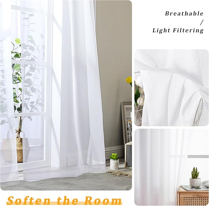 Gwine White Sheer Kitchen Curtains 36 Inch Length, Light Filtering Voile Soft - Image 3