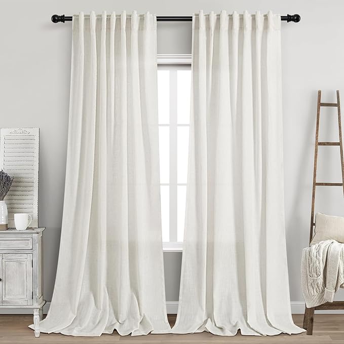 Beige White Linen Curtains for Living Room Extra Long 110 Inches Long Back Tab by Nanspring