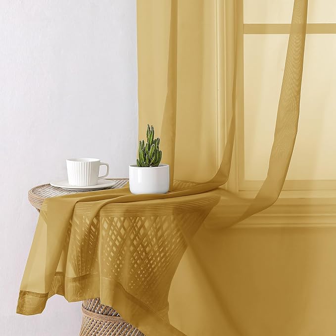 Lecloud Gold Sheer Curtains 63 Inch Length 2 Panels, Airy Light Filtering Voile - Image 3