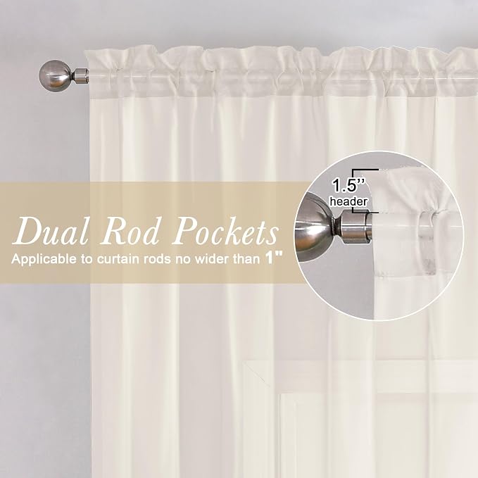 Lecloud Ivory Sheer Curtains 102 Inches Long 2 Pcs, Rod Pockets Light Filtering - Image 4