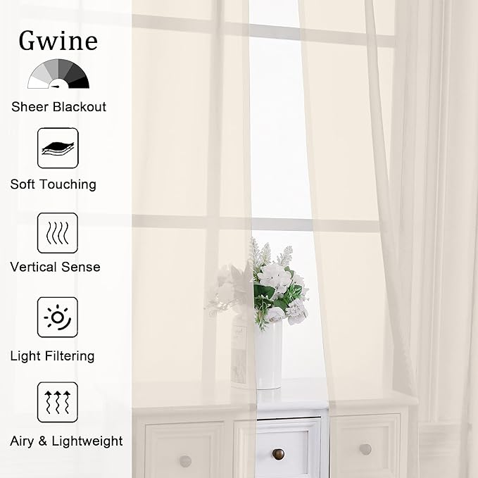 Gwine Cream Sheer Curtains 68 Inches Long 2 Panels Set, Light Filtering Sheer - Image 2