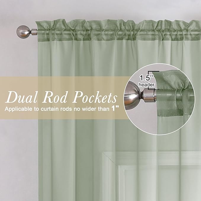 Lecloud Sage Green Short Sheer Curtains 14 Inch Length 2 PCS, Cafe Kithen - Image 2