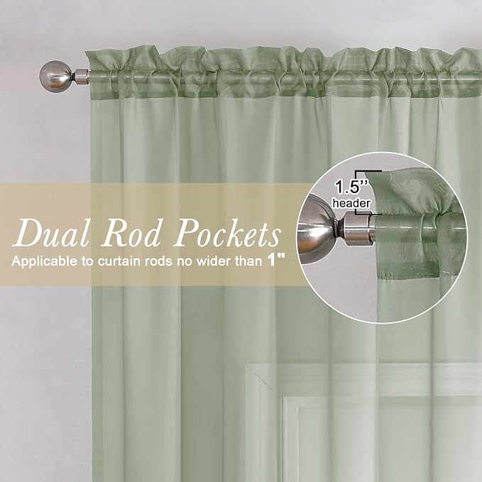Lecloud Sage Green Sheer Curtains 63 Inch Long 2 Panels, Elegant Voile Drapes - Image 2