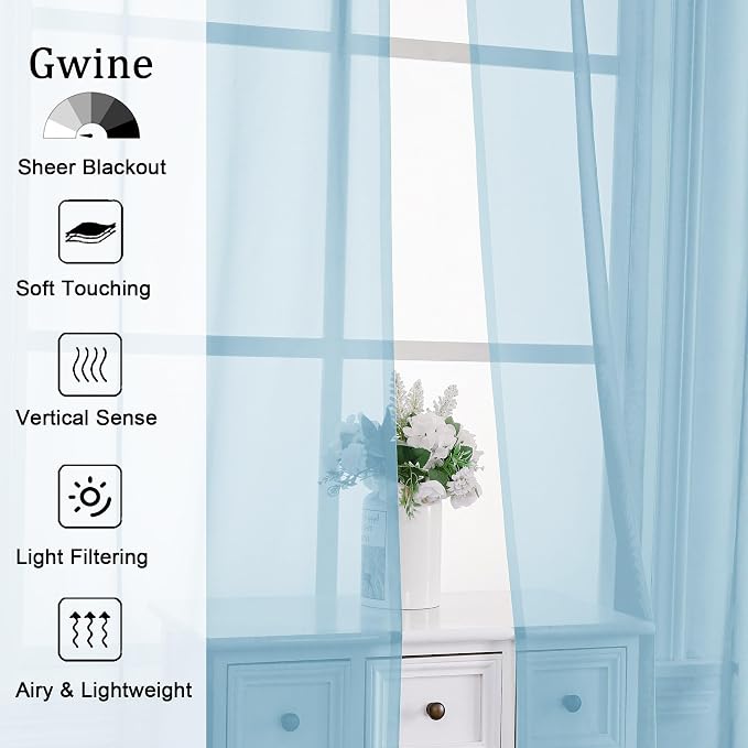 Gwine Sky Blue Sheer Curtains 63 Inch Length - Image 2