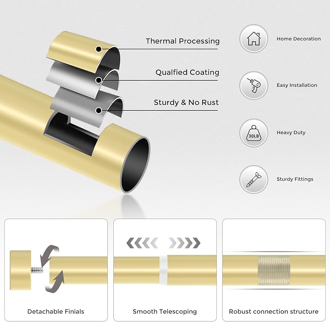VOIIY Gold Curtain Rods for Windows 66 to 120 Inch, Size:36-120 Inch - Image 7