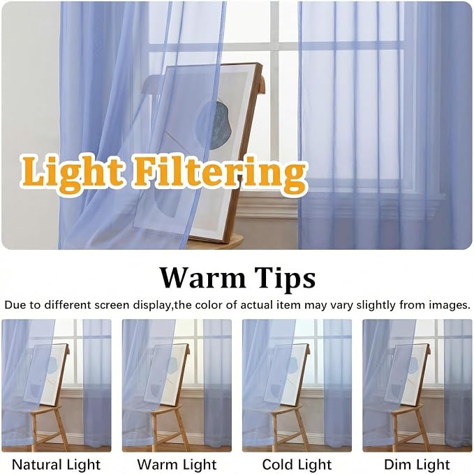 Gwine Denim Blue Sheer Curtains 72 Inches Long 2 Panels Set, Light Filtering - Image 4