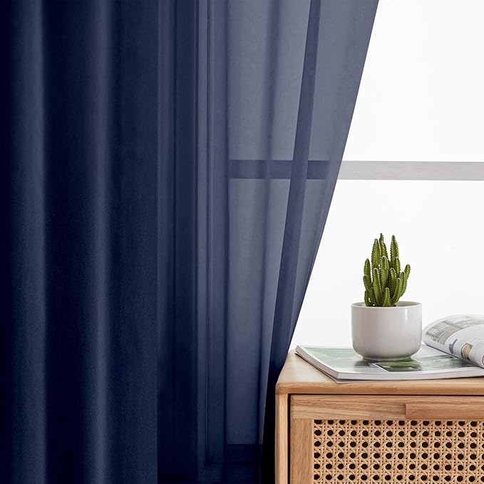 Navy Blue Sheer Curtains for Bedroom Living Room 45 Inch Length 2 Panels - Image 6