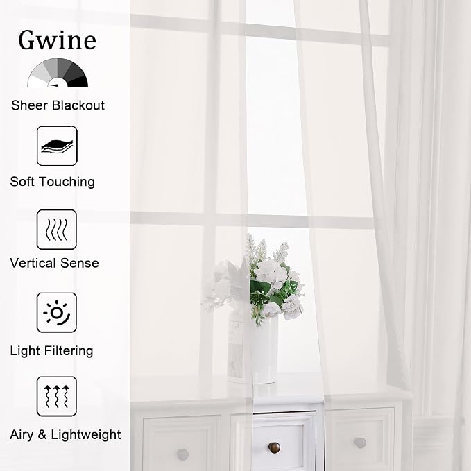 Gwine Extra Long Ivory Sheer Curtains 120 Inches Long 2 Panels Set, Voile Light - Image 2