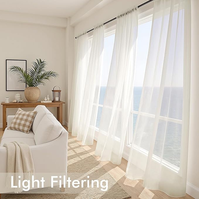 MIULEE Ivory Sheer Curtains 90 Inches Long, 4 Panels Set, Light Filtering Rod - Image 4