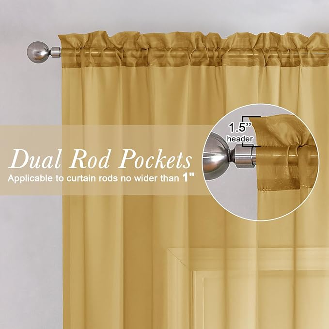 Lecloud Gold Sheer Curtains 96 Inches Long 2 Panels Set, Home Decor Light - Image 6