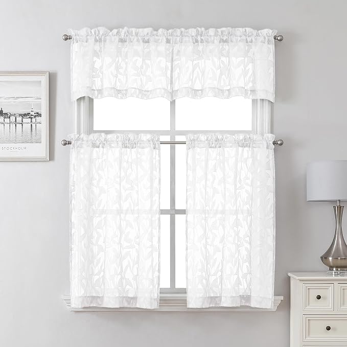 Lecloud Leia White Sheer Kitchen Curtains 36 Inch Length 2 Pcs, Jacquard Leaf - Image 8