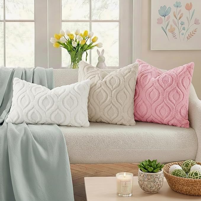 decorUhome Throw Pillow Covers 24x24 Inch Set of 2, Soft Plush Faux Wool Beige - Image 3