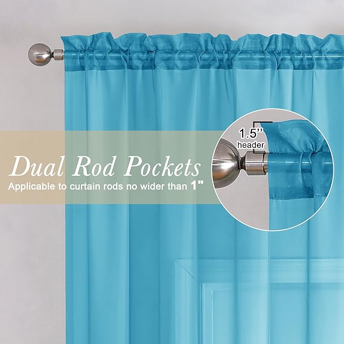 Lecloud Turquoise Sheer Curtains 63 Inch Length 2 Panels, Light Filtering Voile - Image 2
