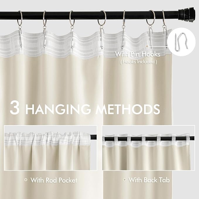 MIULEE Beige White Back Tab Blackout Curtains 63 Inch Length 2 Panels Set - Image 3