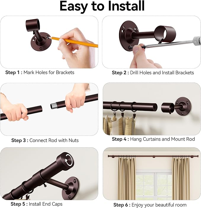YaFex Heavy Duty Curtain Rods 32-120 Inch, 1 Inch Adjustable Bronze Curtain Rod - Image 8