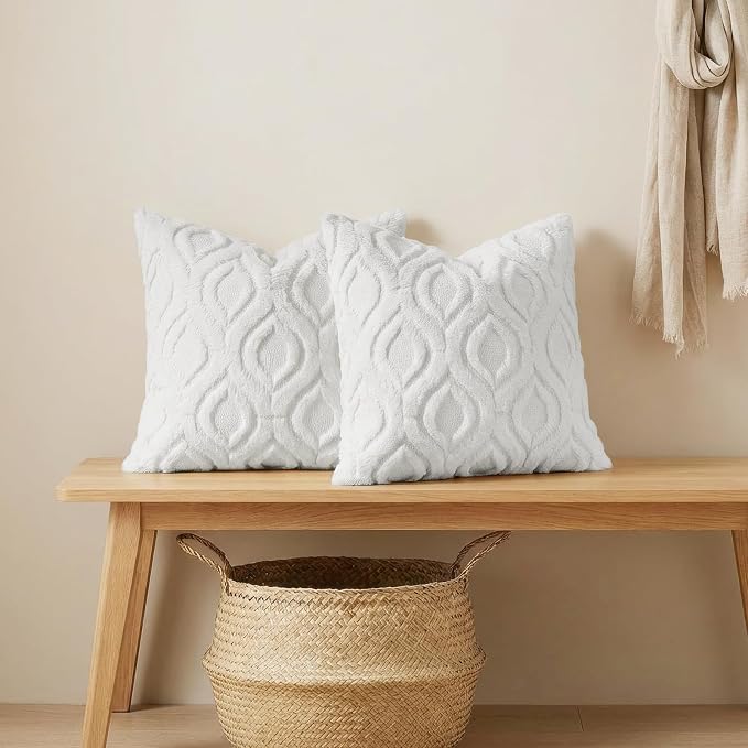 decorUhome Throw Pillow Covers 22x22 Inch Set of 2, Soft Plush Faux Wool White - Image 4