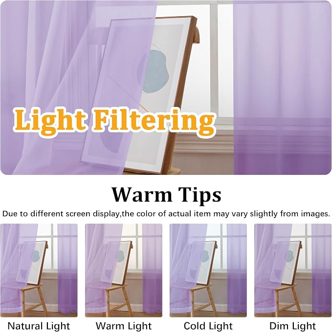 Gwine Lilac Sheer Curtain Tiers 24 Inch Length, Light Filtering Voile Short - Image 6
