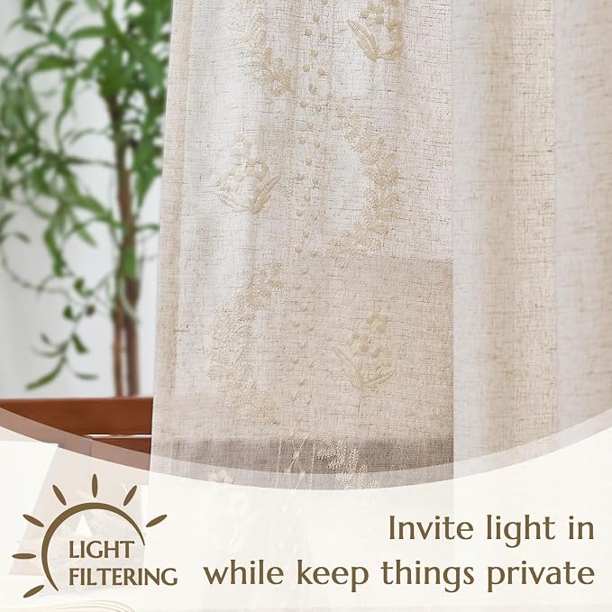 jinchan Belrose Linen Curtains for Bedroom Floral Curtains 63 Inch Length Linen - Image 5