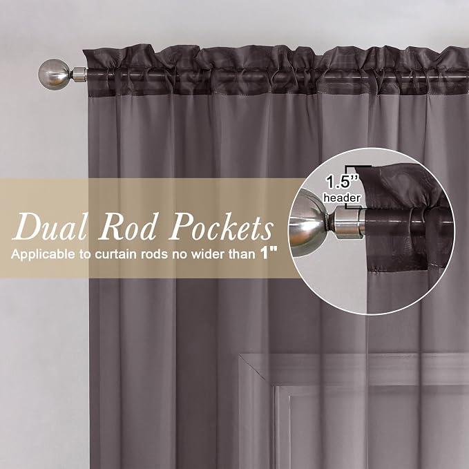 Lecloud Sheer Curtains 90 Inch Long 2 Panels, Chocolate Light Filtering Living - Image 2
