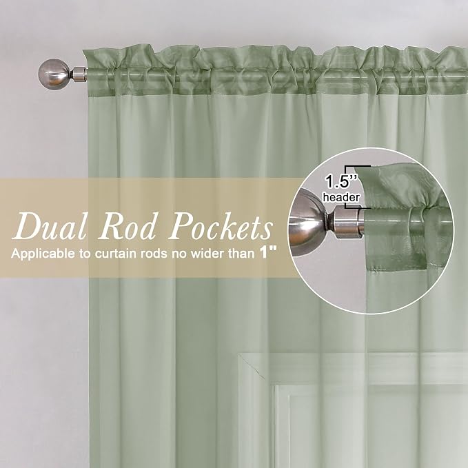 Lecloud Sage Green Sheer Curtains 78 Inches Long 2 Pcs, Modern Solid Voile - Image 4