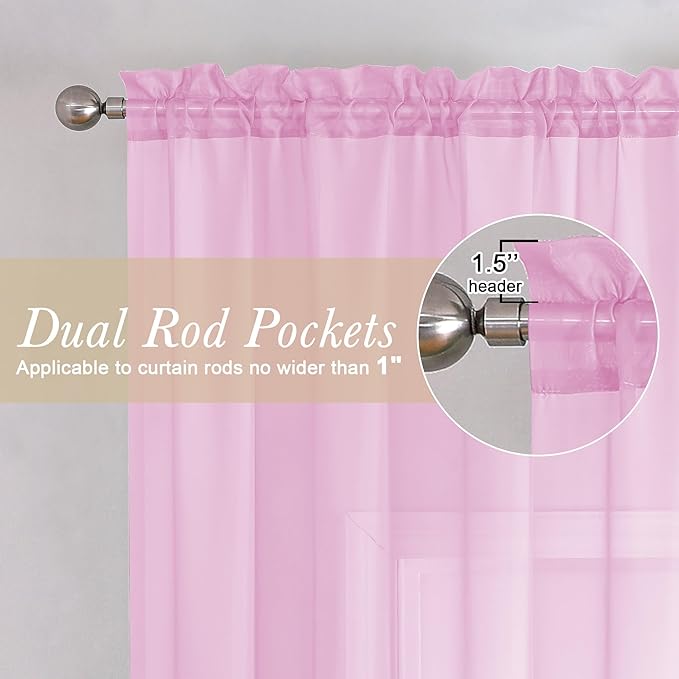 Lecloud Light Pink Sheer Curtains 84 Inches Long 2 Panels Set, Dual Rod Pocket - Image 2