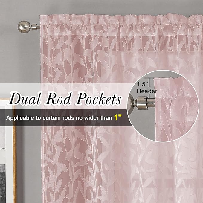 Lecloud Leia Clip Leaf Pink Sheer Curtains 63 Inch Length 2 Panels, Dual Rod - Image 2