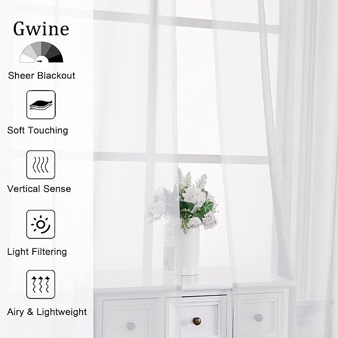 Gwine White Sheer Curtains 84 Inches Long 2 Panels Set - Image 2