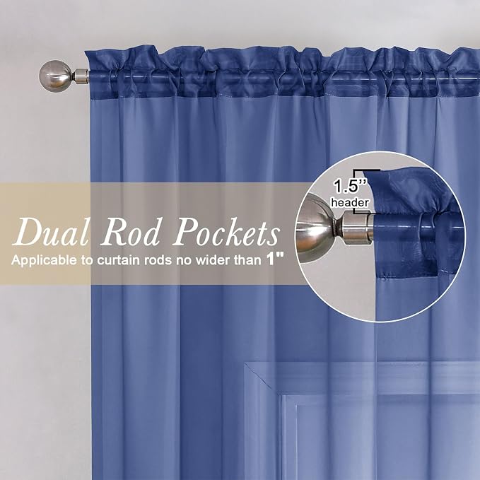 Lecloud Royal Blue Sheer Curtains 72 Inches Long 2 Panels, Rod Pocket Voile - Image 2
