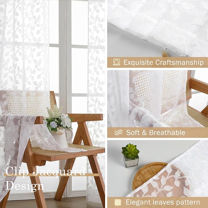 Chyhomenyc White Sheer Curtains 24 Inch Length, Light Filtering Leaf Tufted - Image 6